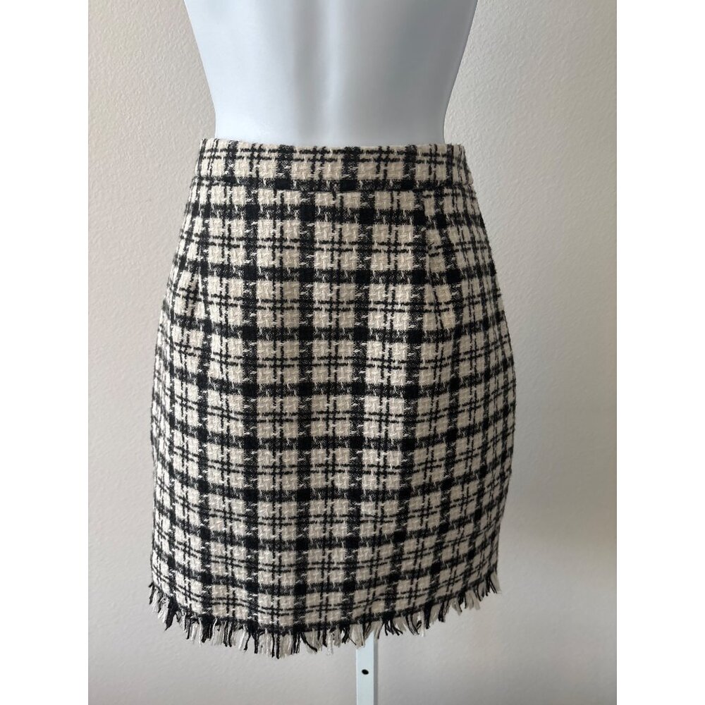 Preppy Tweed Plaid Skirt Large Mini Black & White Checkered Fringe Hem Classic - Picture 3 of 14